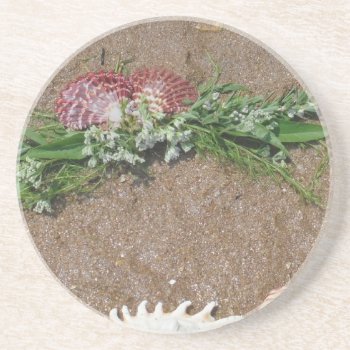 Pink Shells And White Flowers On Beach Sand Drink Coaster by Say_i_love_you at Zazzle