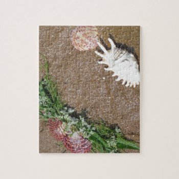 Pink Shells And White Flowers On Beach Sand Jigsaw Puzzle by Say_i_love_you at Zazzle