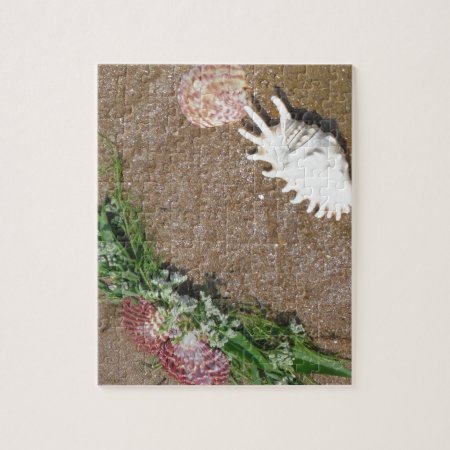 Pink Shells And White Flowers On Beach Sand Jigsaw Puzzle