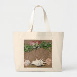 Pink Shells And White Flowers On Beach Sand Large Tote Bag at Zazzle