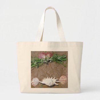 Pink Shells And White Flowers On Beach Sand Large Tote Bag by Say_i_love_you at Zazzle
