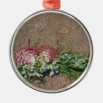 Pink Shells And White Flowers On Beach Sand Metal Ornament by Say_i_love_you at Zazzle