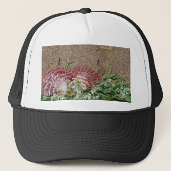 Pink Shells And White Flowers On Beach Sand Trucker Hat by Say_i_love_you at Zazzle