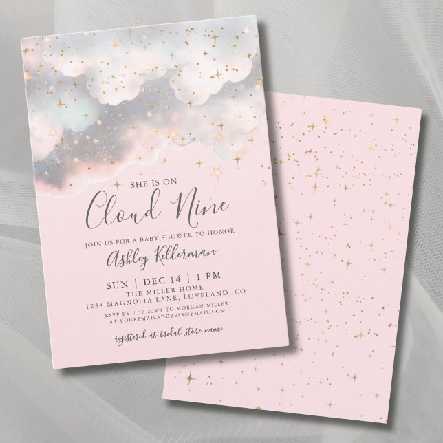 Pink She's On Cloud Nine Baby Shower Invitation (Pink She's On Cloud Nine Baby Shower Invitation)