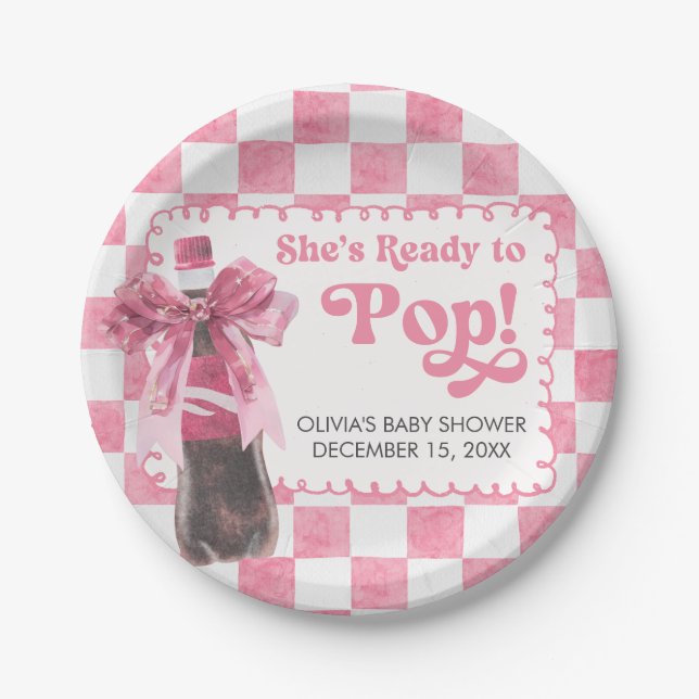 Pink She's Ready to Pop Baby Shower Paper Plates (Front)
