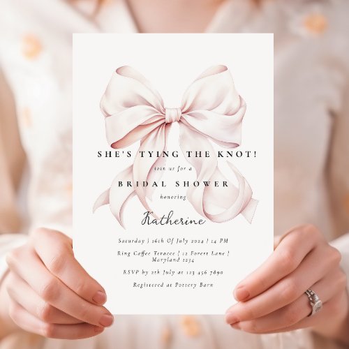 Pink Shes Tying the Knot Bow Bridal Shower Invitation
