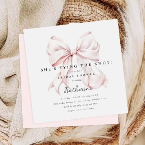 Pink Shes Tying the Knot Bow Bridal Shower Invitation