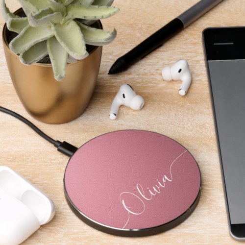 Pink Shimmer Elegant Calligraphy Script Name Wireless Charger