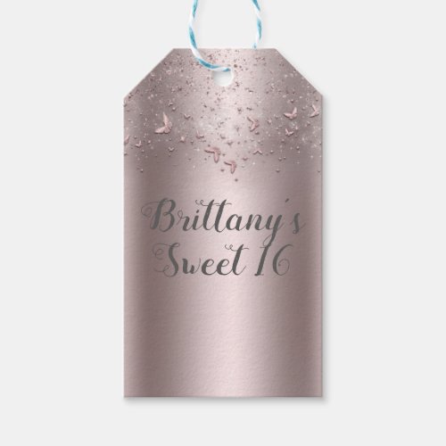 Pink Shimmer Flutter Butterfly Sweet 16 Party Gift Tags