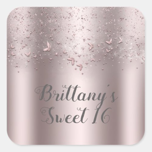 Pink Shimmer Flutter Butterfly Sweet 16 Party Square Sticker