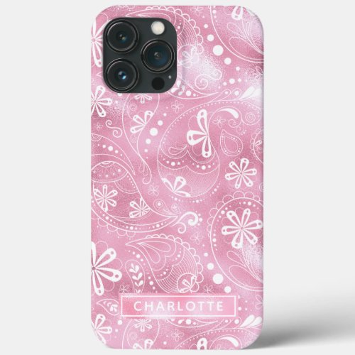 Pink Shimmer Modern Girly Paisley Personalized iPhone 13 Pro Max Case