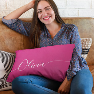 Pink Shimmer White Calligraphy Name Lumbar Pillow