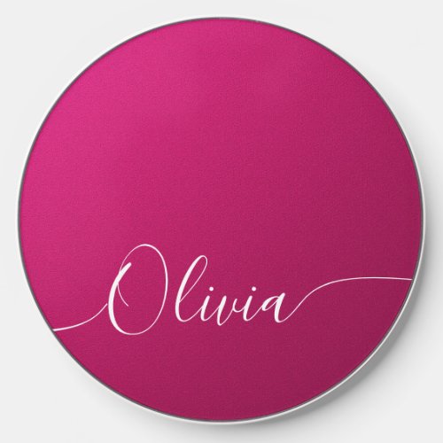 Pink Shimmer White Elegant Calligraphy Script Name Wireless Charger