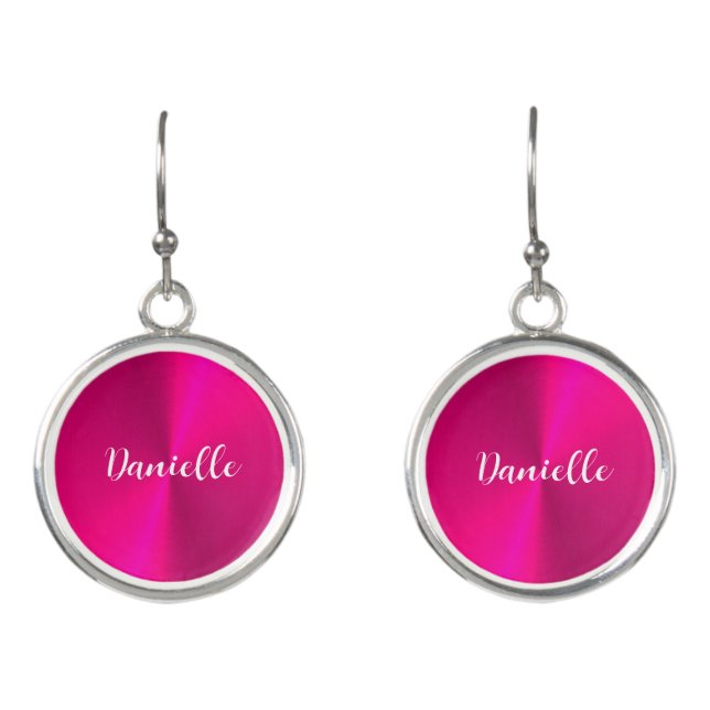 Pink shiny faux metal custom name earrings (Front)