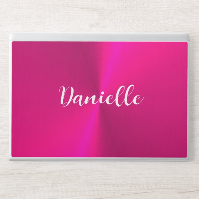 Pink shiny faux metal custom name HP laptop skin (Front)