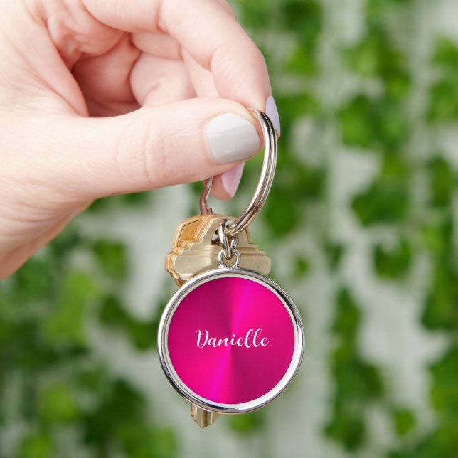 Pink shiny faux metal custom name keychain (Hand)