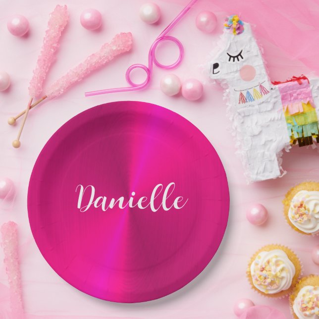 Pink shiny faux metal custom name paper plates (Party)