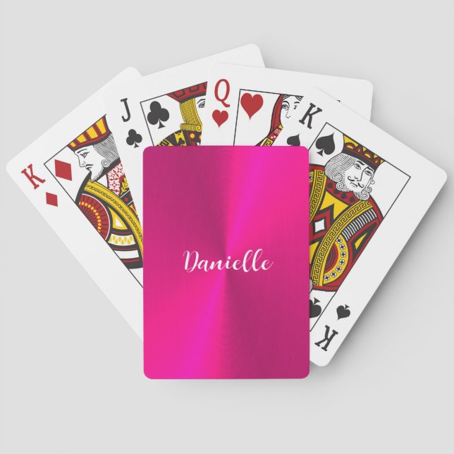 Pink shiny faux metal custom name poker cards (Back)