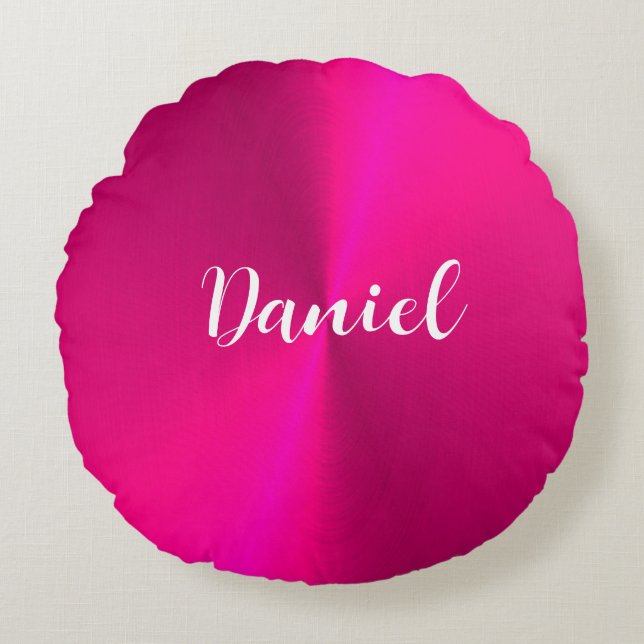 Pink shiny faux metal custom name round pillow (Front)