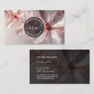 Pink Shiny Floral Logo Initials Business Card