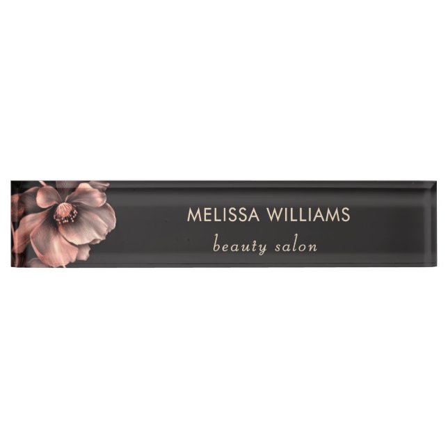 Pink Shiny Flowers Black  Desk Name Plate (Front)
