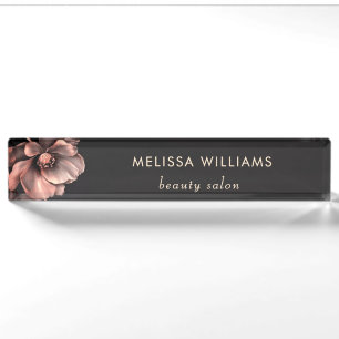 Pink Shiny Flowers Black  Desk Name Plate