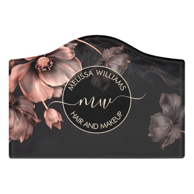 Pink Shiny Flowers Black Logo Door Sign (Small Crest Front)
