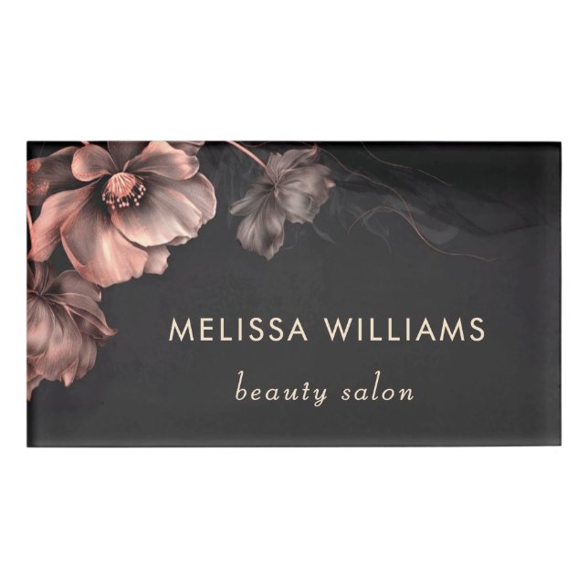 Pink Shiny Flowers Black  Name Tag (Front)