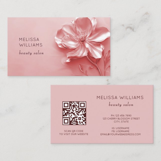 Pink Shiny Metallic 3D Flower Business Card (Front/Back)