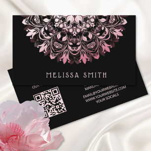 Pink Shiny Metallic Black Mandala Business Card
