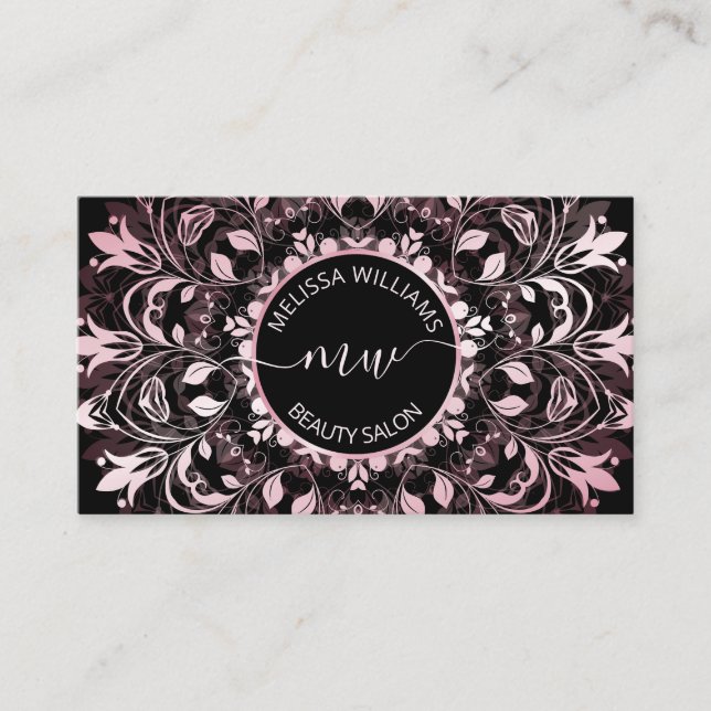 Pink Shiny Metallic Black  Mandala Logo Business Card (Front)