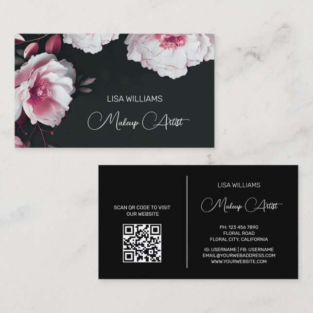 Pink Shiny Metallic Flower Black Business Card (Front/Back)