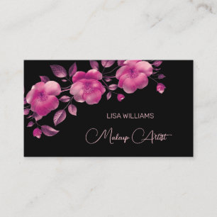 Pink Shiny Metallic Flower Black Business Card