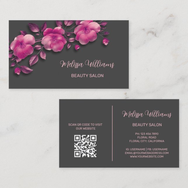 Pink Shiny Metallic Flower Gray Business Card (Front/Back)