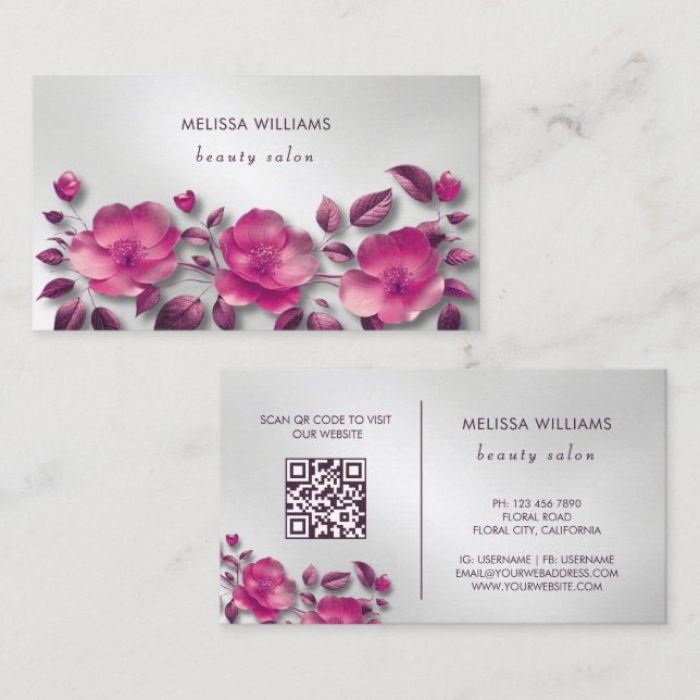 Pink Shiny Metallic Flower Silver Business Card (Front/Back)