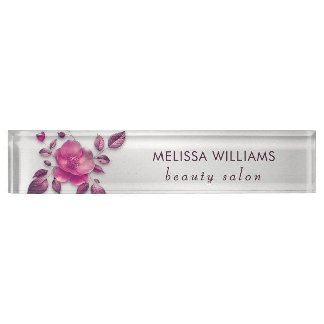 Pink Shiny Metallic Flower Silver Desk Name Plate (Front)