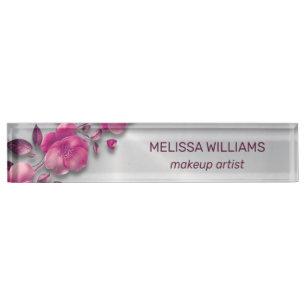 Pink Shiny Metallic Flower Silver Desk Name Plate