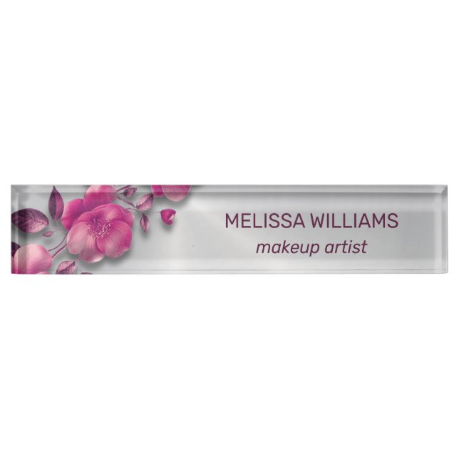 Pink Shiny Metallic Flower Silver Desk Name Plate (Front)