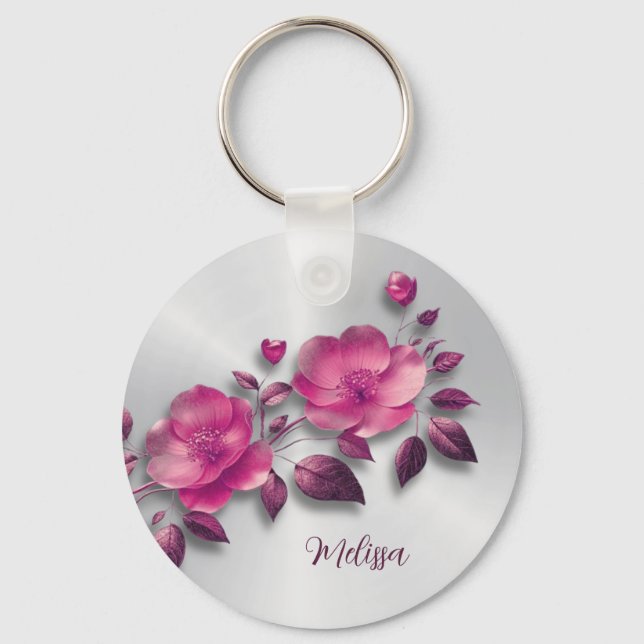 Pink Shiny Metallic Flower Silver Keychain (Front)