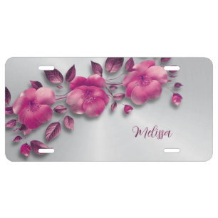 Pink Shiny Metallic Flower Silver License Plate