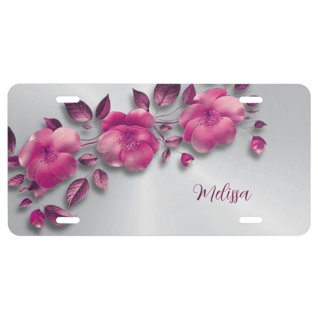Pink Shiny Metallic Flower Silver License Plate (Front)