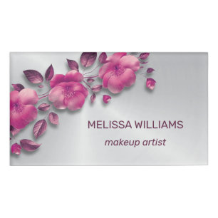 Pink Shiny Metallic Flower Silver Name Tag
