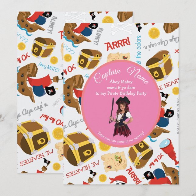 Pink Ships and Treasure  Party Pirate Invitation (Front/Back)