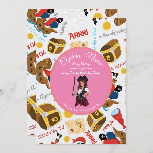 Pink Ships and Treasure  Party Pirate Invitation