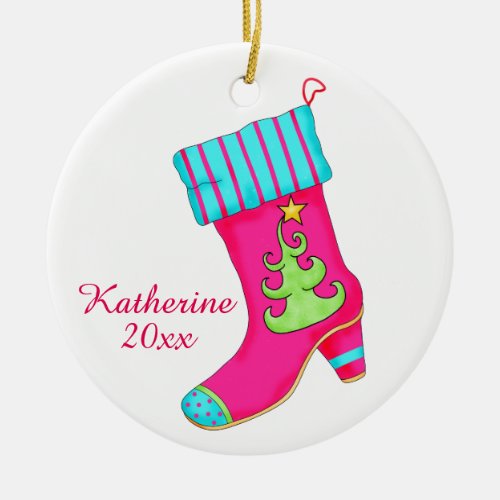 Pink Shoe Lover Christmas Stocking Art Name Ceramic Ornament