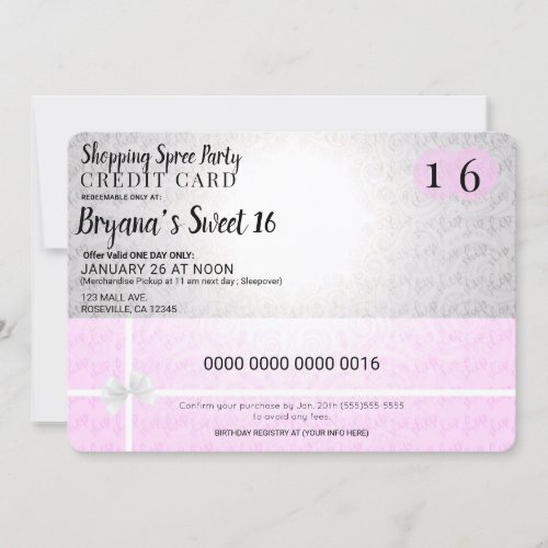 Pink Shopping Spree Credit Card Sweet 16 Party