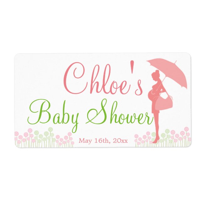 Pink Silhouette Baby Shower Water Bottle Label (Front)