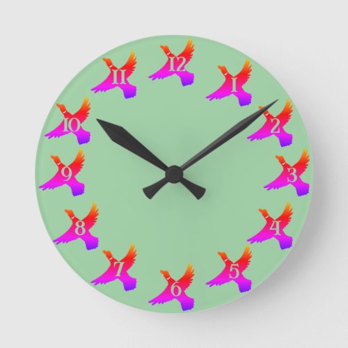 Pink Silhouette Flying Duck Round Clock