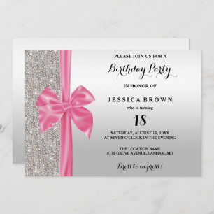 Pink Silk Bow Silver Sequins 18th Birthday Invitation