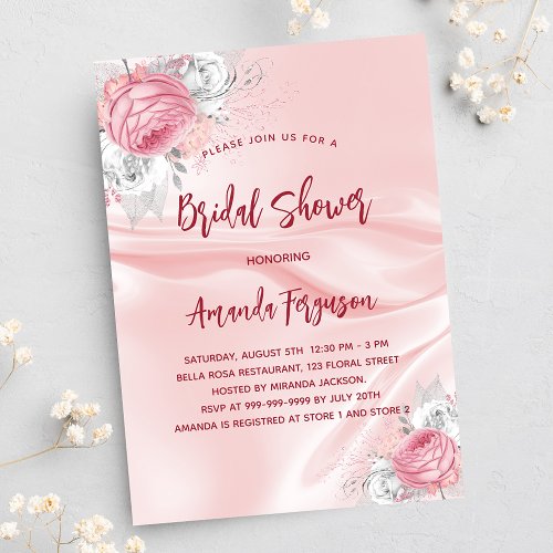 Pink silk florals white roses bridal shower invitation postcard